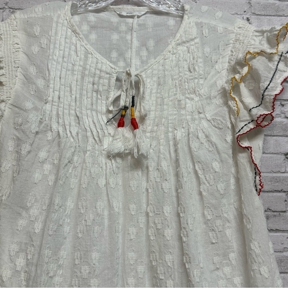 ACOS&A White Embroidered Trim Size Large White Shirt Blouse Top Tassel Pleats - Picture 2 of 14